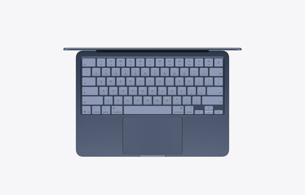 Top view of a MacBook in indigo with a 256GB storage capacity and a sleek keyboard layout.