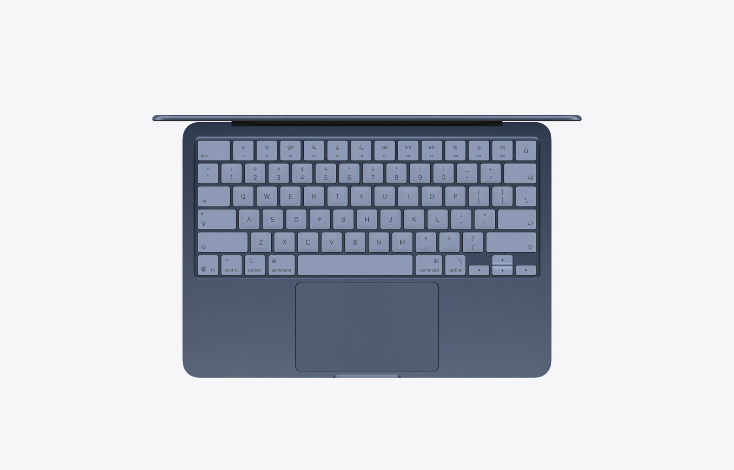 Top view of a MacBook in indigo with a 256GB storage capacity and a sleek keyboard layout.
