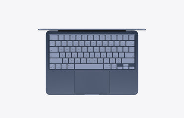 Top view of a MacBook in indigo with a 256GB storage capacity and a sleek keyboard layout.