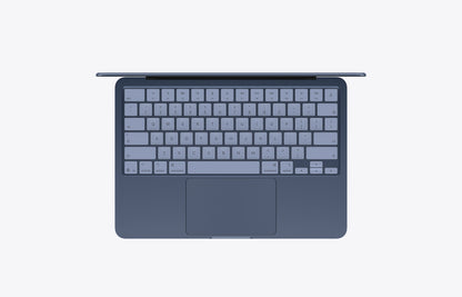Top view of a MacBook in indigo with a 256GB storage capacity and a sleek keyboard layout.