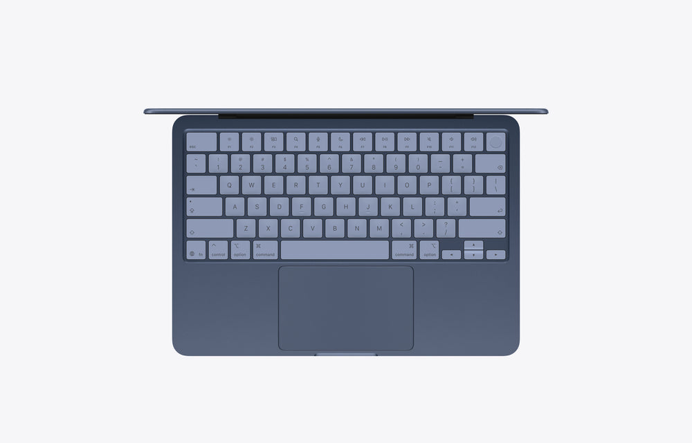 Top view of a MacBook Neo in Indigo with a 512GB storage capacity, showcasing the keyboard and trackpad.