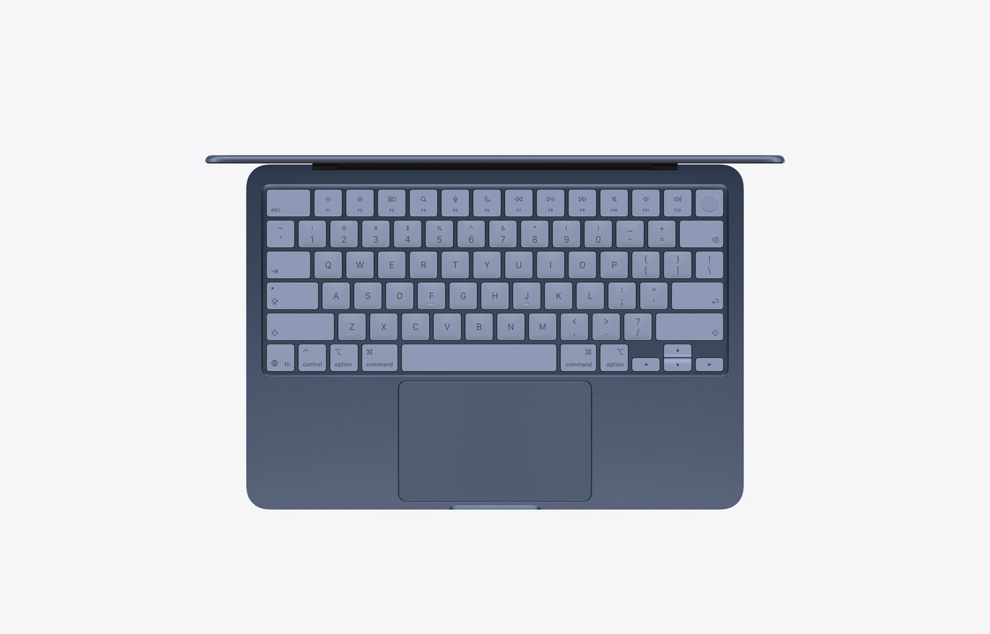 Top view of a MacBook Neo in Indigo with a 512GB storage capacity, showcasing the keyboard and trackpad.
