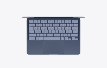 Top view of a MacBook Neo in Indigo with a 512GB storage capacity, showcasing the keyboard and trackpad.