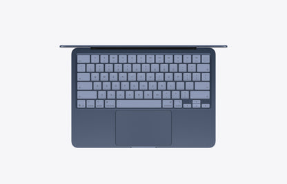 Top view of a MacBook Neo in Indigo with a 512GB storage capacity, showcasing the keyboard and trackpad.