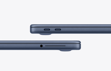 Side view of the indigo MacBook Neo showcasing its sleek design and port configurations.