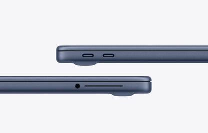 Side view of the indigo MacBook Neo showcasing its sleek design and port configurations.
