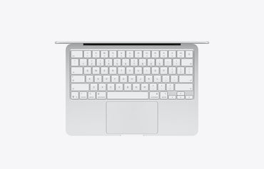 Top view of a silver MacBook Neo with a 256GB storage featuring a sleek keyboard and touchpad.