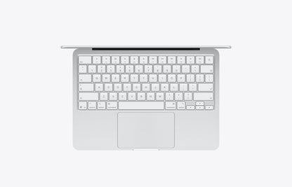 Top view of a silver MacBook Neo with a 256GB storage featuring a sleek keyboard and touchpad.