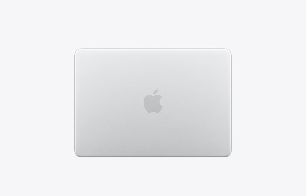 Back view of a silver MacBook featuring the Apple logo on a minimalist background.