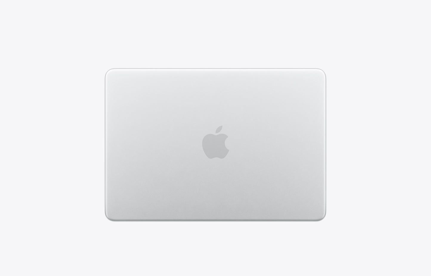 Back view of a silver MacBook featuring the Apple logo on a minimalist background.