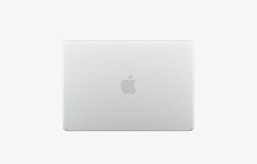 Back view of a silver MacBook featuring the Apple logo on a minimalist background.
