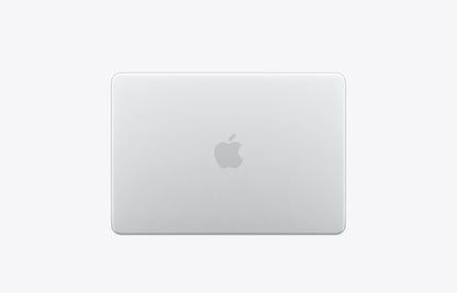 Back view of a silver MacBook featuring the Apple logo on a minimalist background.