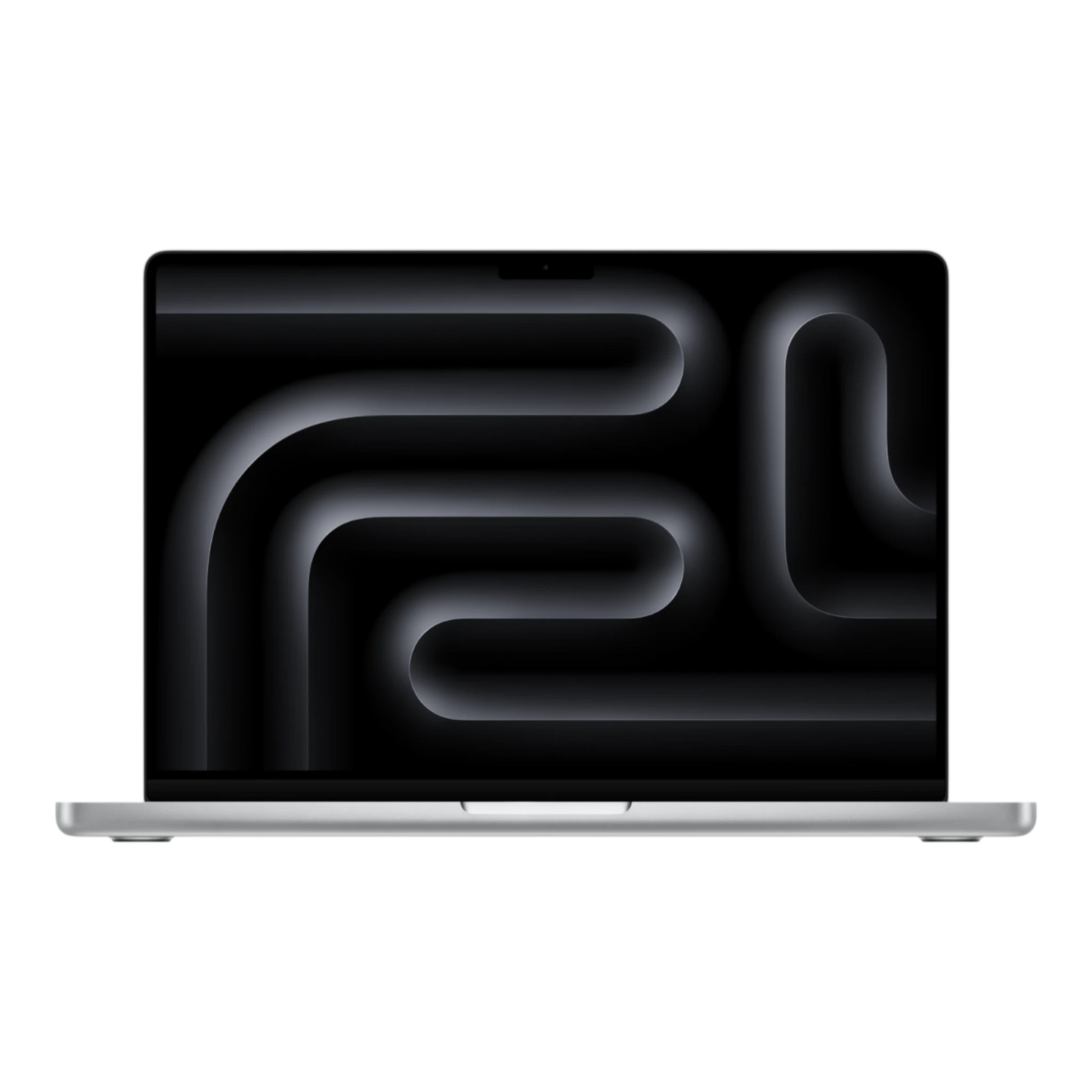 14-inch silver MacBook Pro with M5 Max chip displaying a sleek, abstract dark background.
