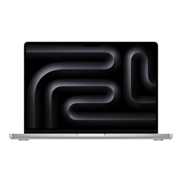 14-inch silver MacBook Pro with M5 Max chip displaying a sleek, abstract dark background.