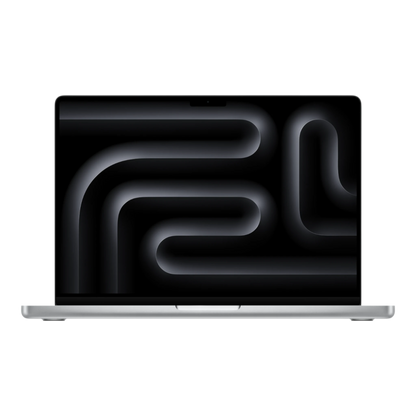 14-inch silver MacBook Pro with M5 Max chip displaying a sleek, abstract dark background.
