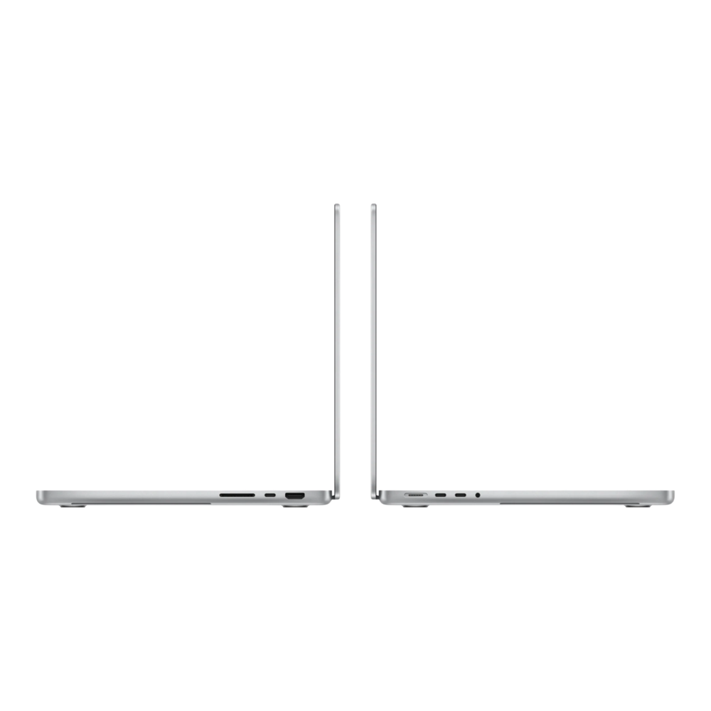 Side view of two MacBook Pro M5 Max 14-inch laptops in silver, showcasing sleek design and ports.