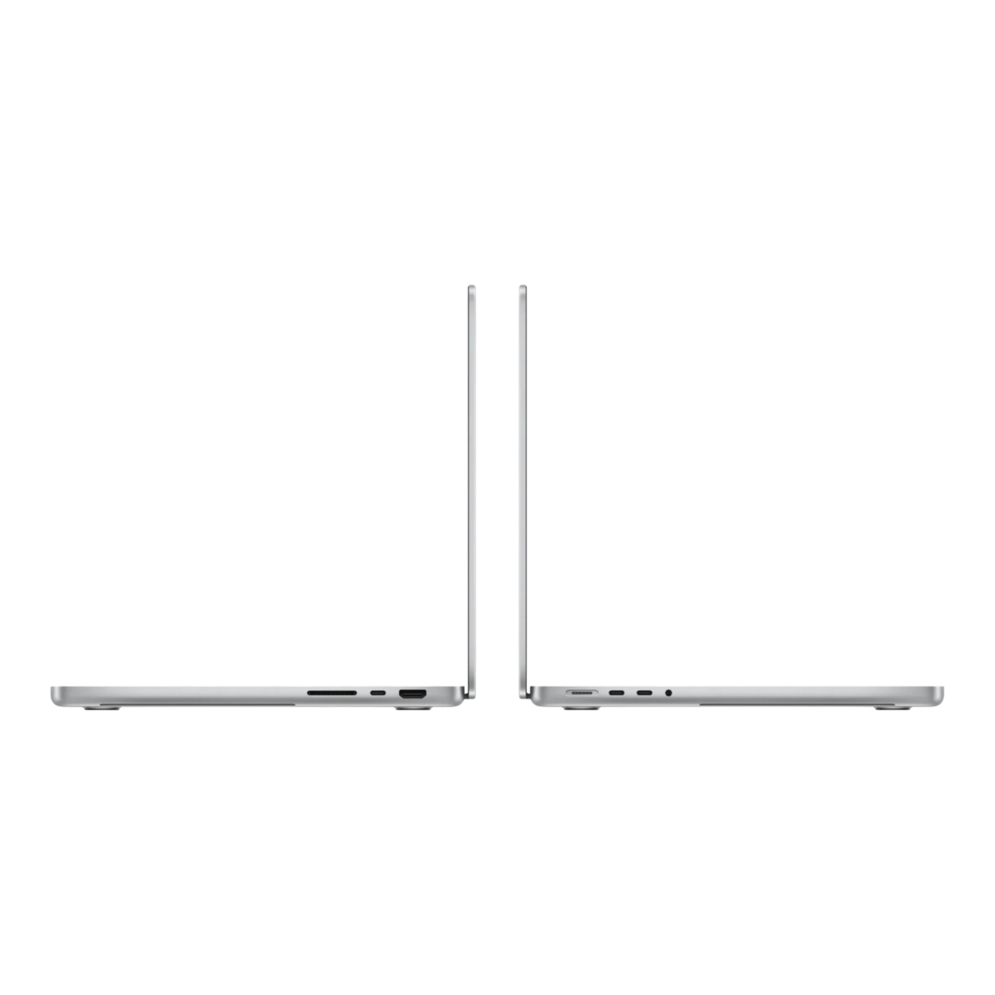 Side view of two MacBook Pro M5 Max 14-inch laptops in silver, showcasing sleek design and ports.