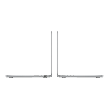 Side view of two MacBook Pro M5 Max 14-inch laptops in silver, showcasing sleek design and ports.