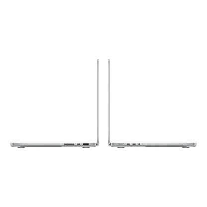 Side view of two MacBook Pro M5 Max 14-inch laptops in silver, showcasing sleek design and ports.