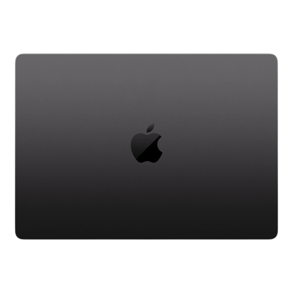 14-inch MacBook Pro with M5 Max chip in space black, featuring the Apple logo on the lid.