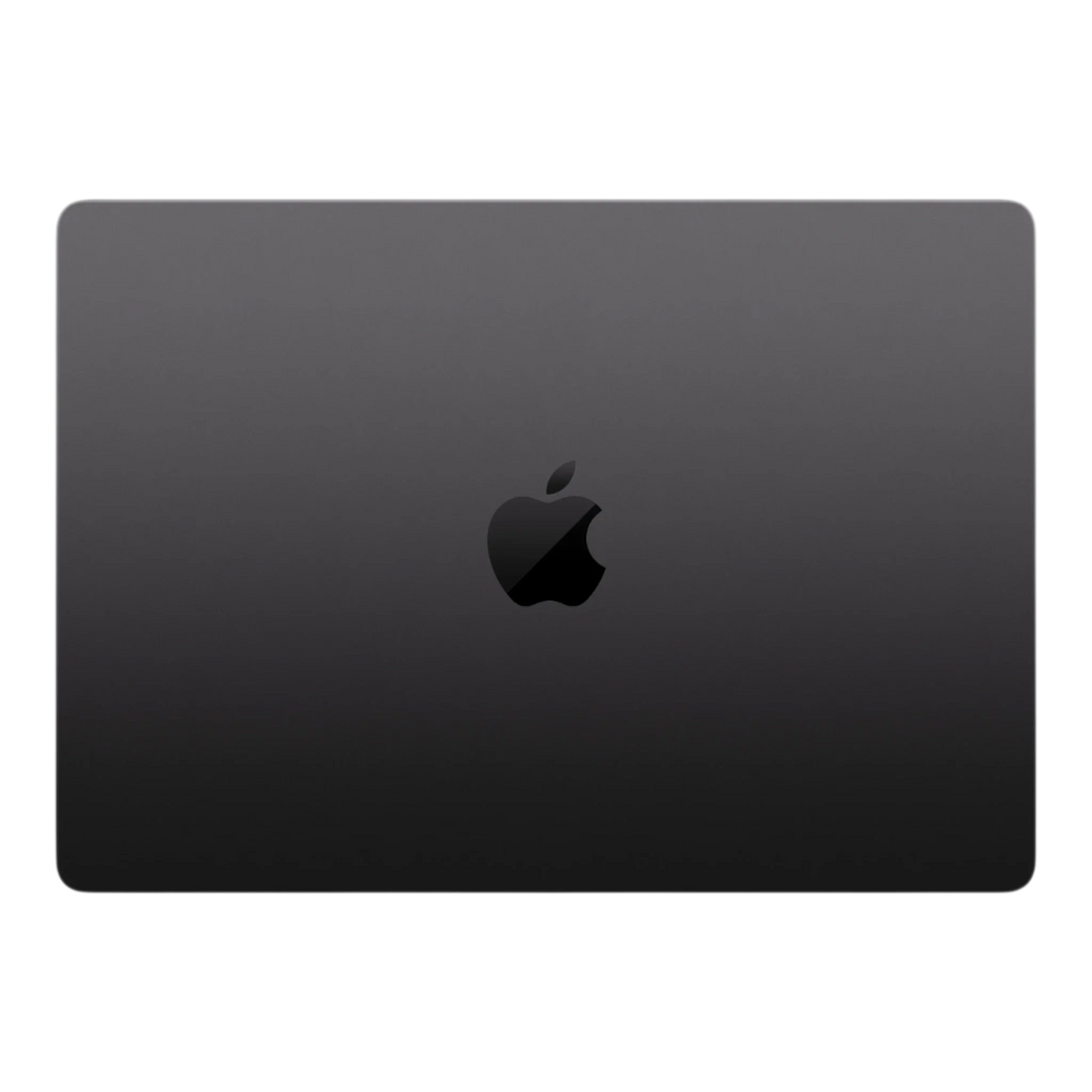 14-inch MacBook Pro in space black, featuring the Apple logo on the lid.