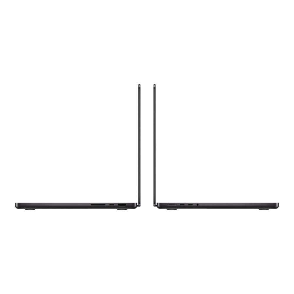 Two MacBook Pro 14-inch models in space black, showcasing their sleek design from the side.