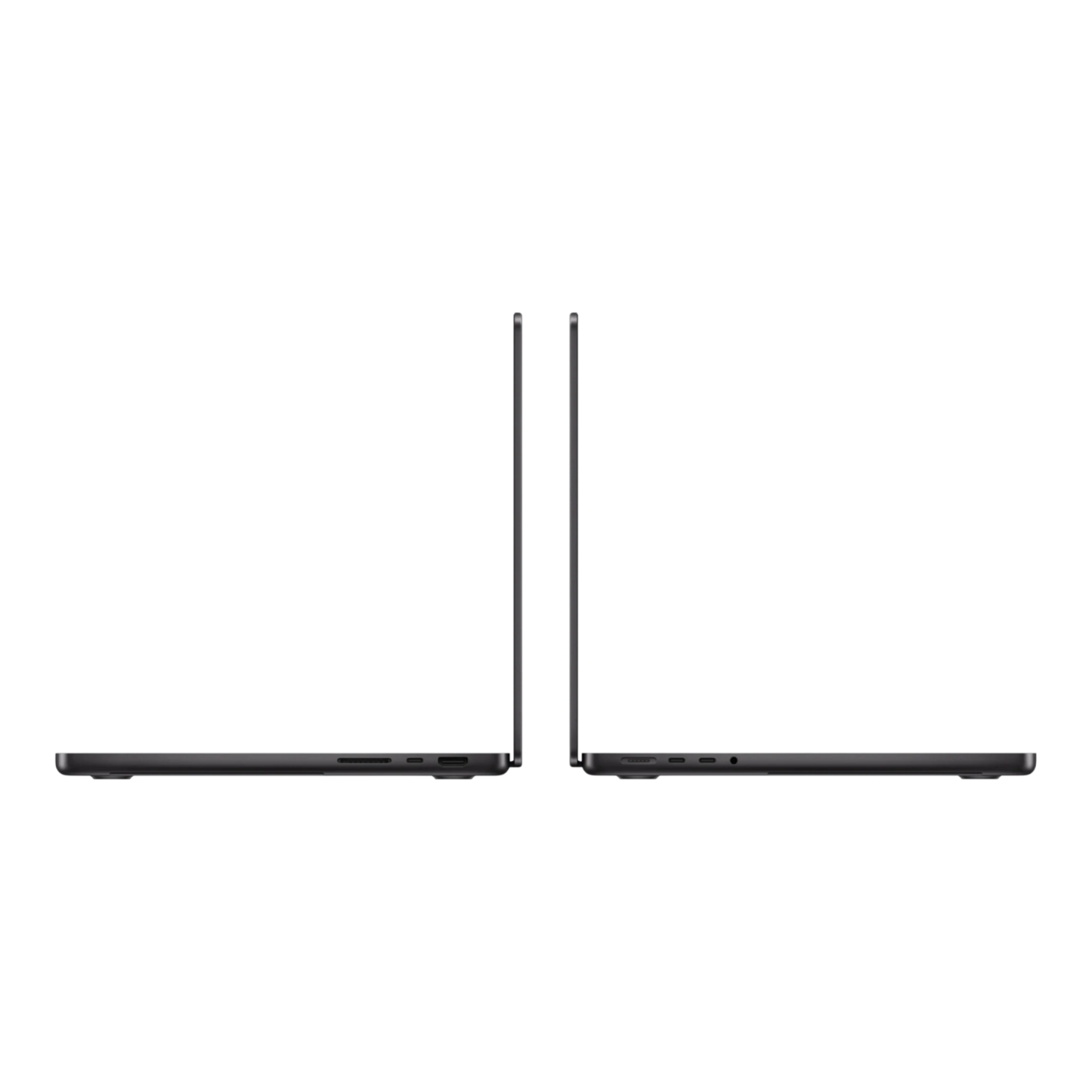 Two MacBook Pro 14-inch models in space black, showcasing their sleek design from the side.