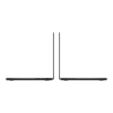 Two MacBook Pro 14-inch models in space black, showcasing their sleek design from the side.