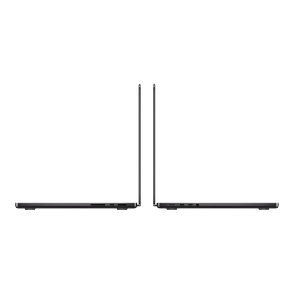 Two MacBook Pro 14-inch models in space black, showcasing their sleek design from the side.