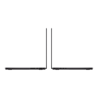 Two MacBook Pro 14-inch models in space black, showcasing their sleek design from the side.