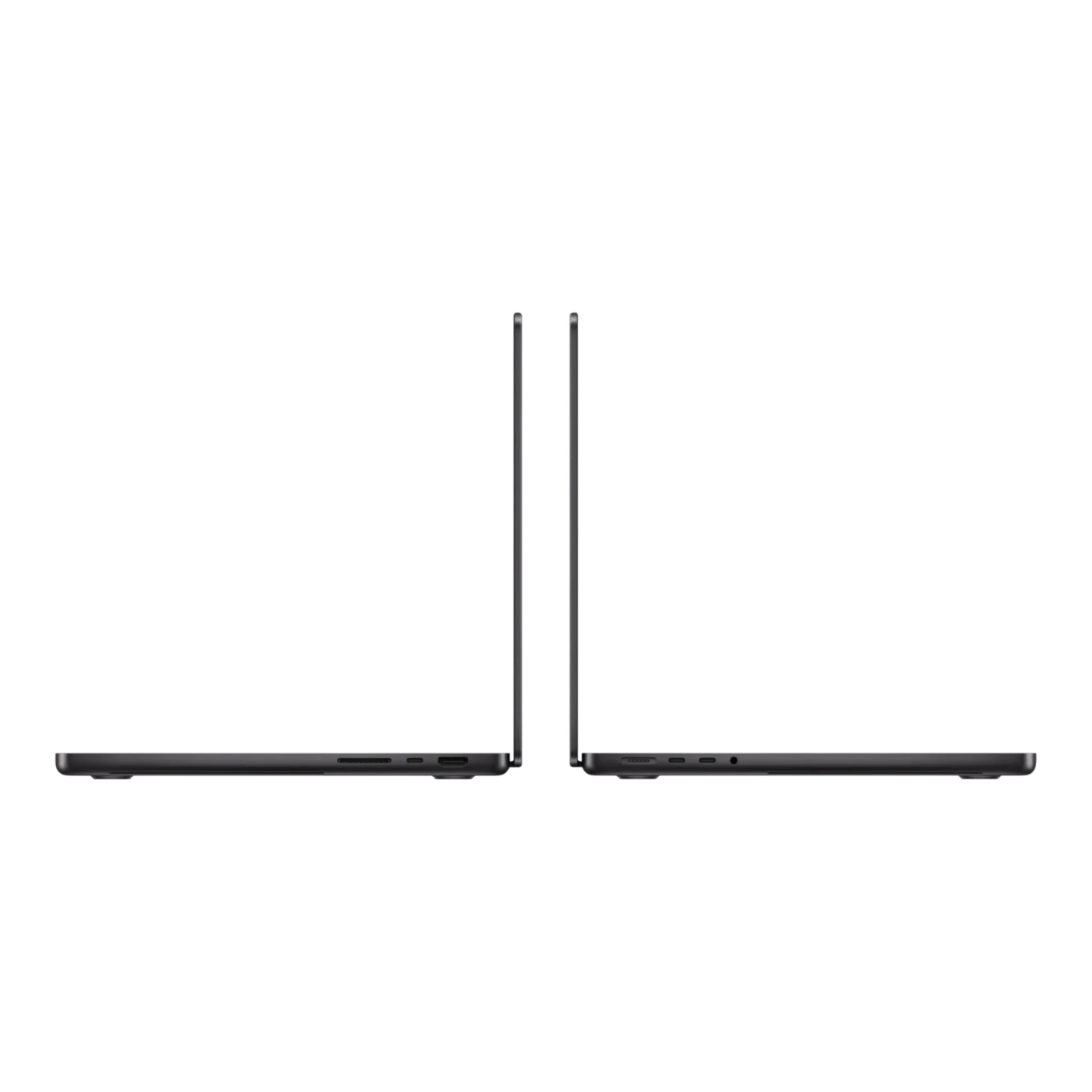 Two MacBook Pro 14-inch models in space black, showcasing their sleek design from the side.