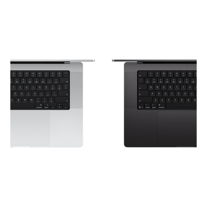 Top view of two MacBook Pro M5 Max 16-inch models in silver and space gray colors showing their black keyboards.