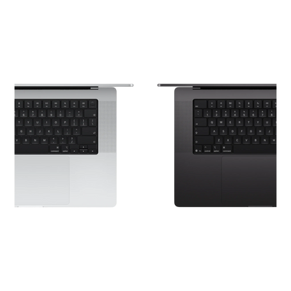 Top view of two MacBook Pro models in silver and space black showing their black keyboards.