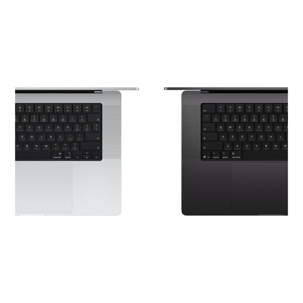 Top view of two MacBook Pro models in silver and space black showing their black keyboards.