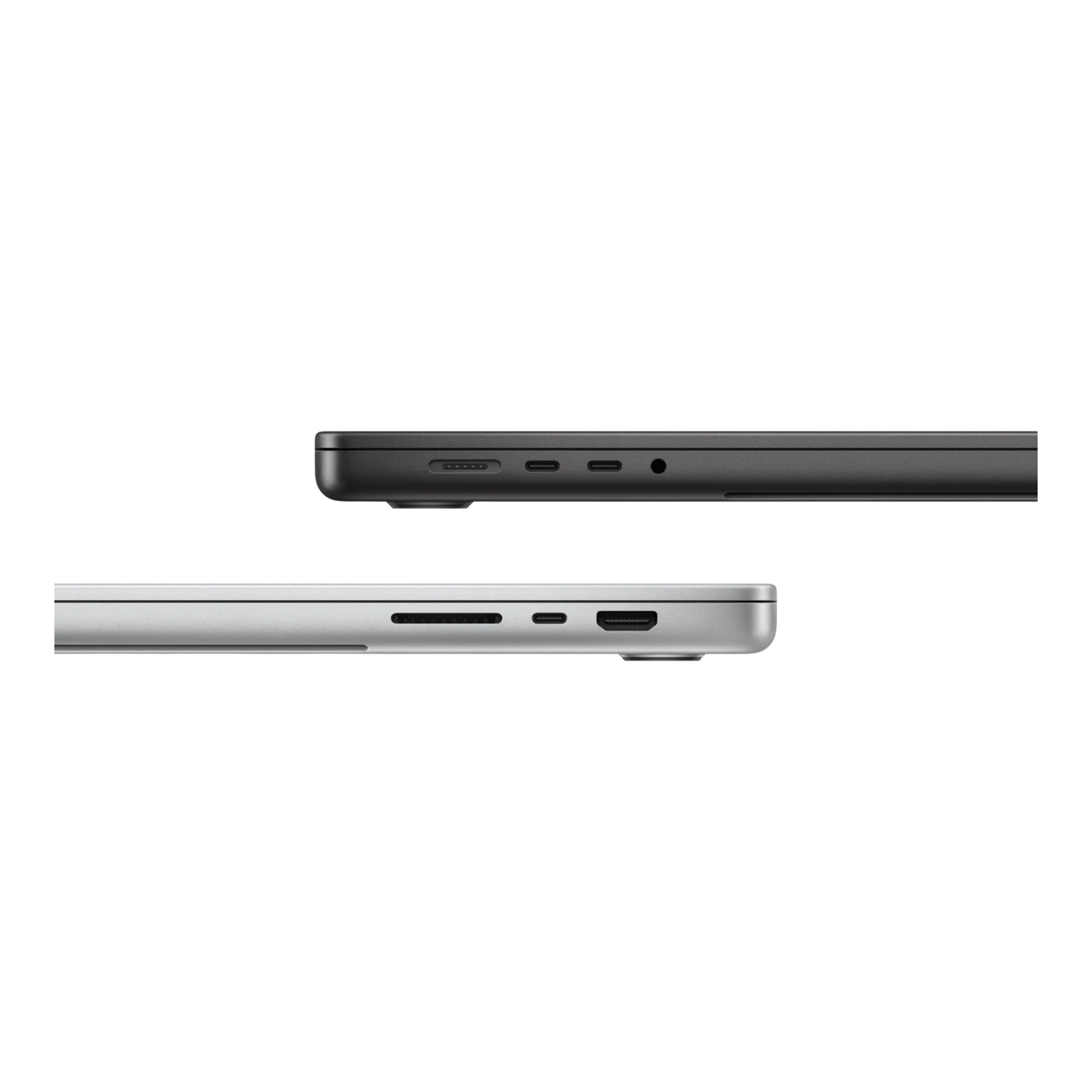 Side view of the black and silver MacBook Pro M5 Max 16-inch showing charging and audio ports.