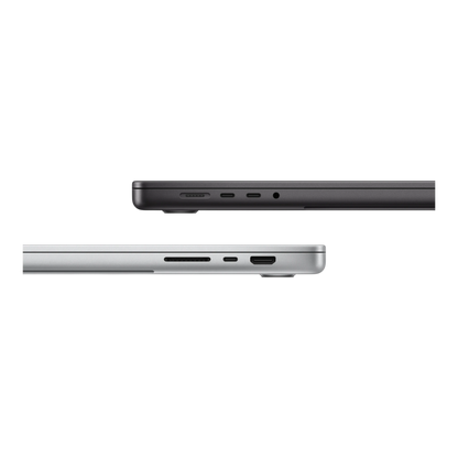 Side view of the black and silver MacBook Pro M5 Max 16-inch showing charging and audio ports.