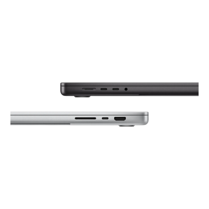 Side view of the black and silver MacBook Pro showing charging and audio ports.