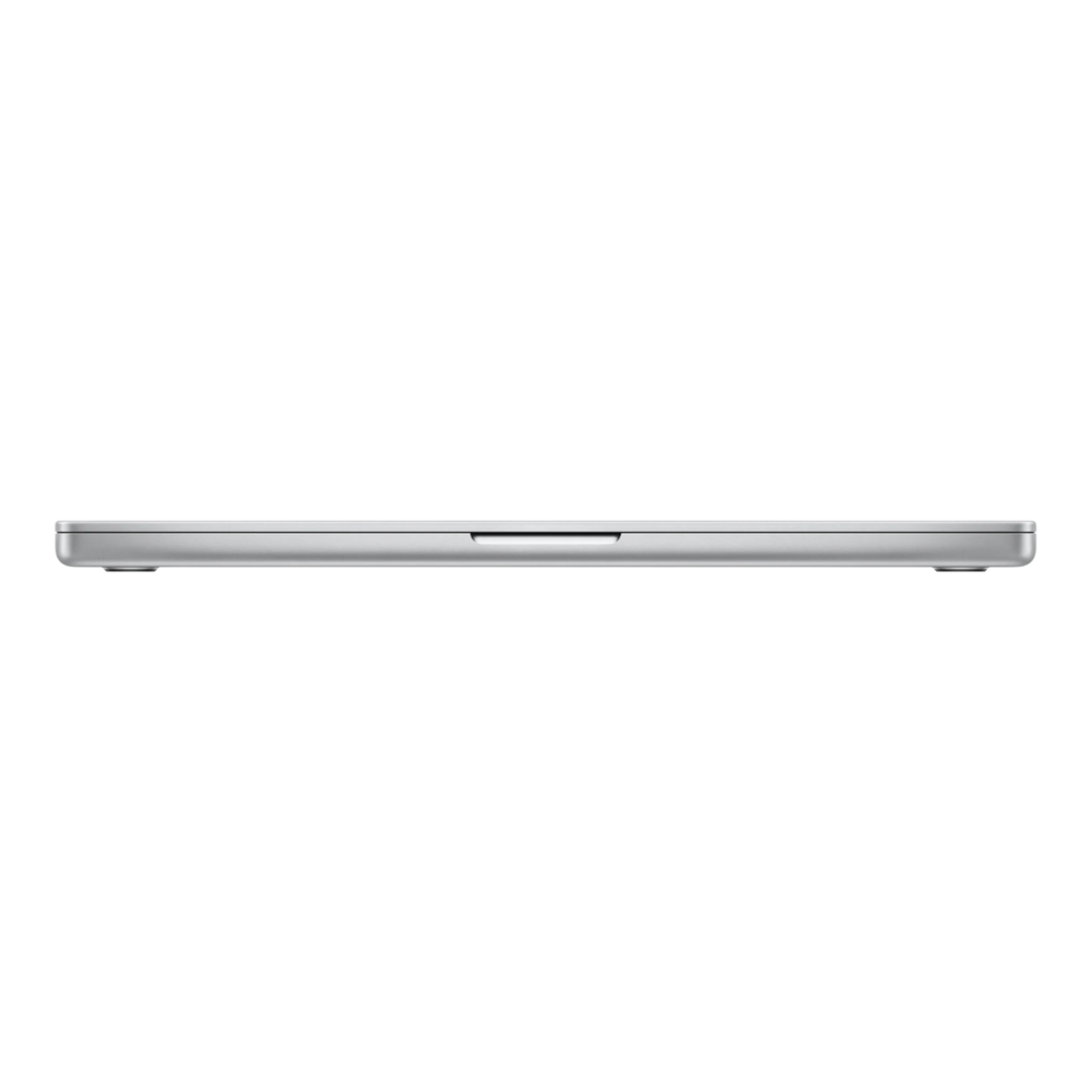 Side view of a silver 16-inch MacBook Pro with M5 Max chip, showcasing its sleek design.