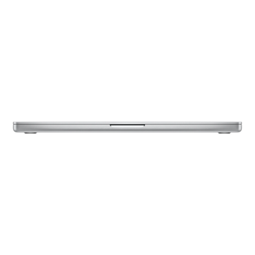 Side view of a silver 16-inch MacBook Pro with M5 Max chip, showcasing its sleek design.