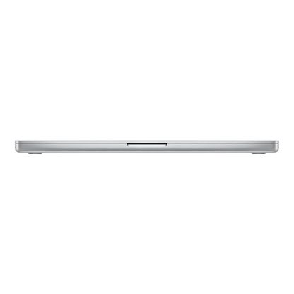 Side view of a silver 16-inch MacBook Pro with M5 Max chip, showcasing its sleek design.