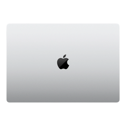 16-inch Apple MacBook Pro with M5 Max chip, shown in silver with a black Apple logo on the lid.
