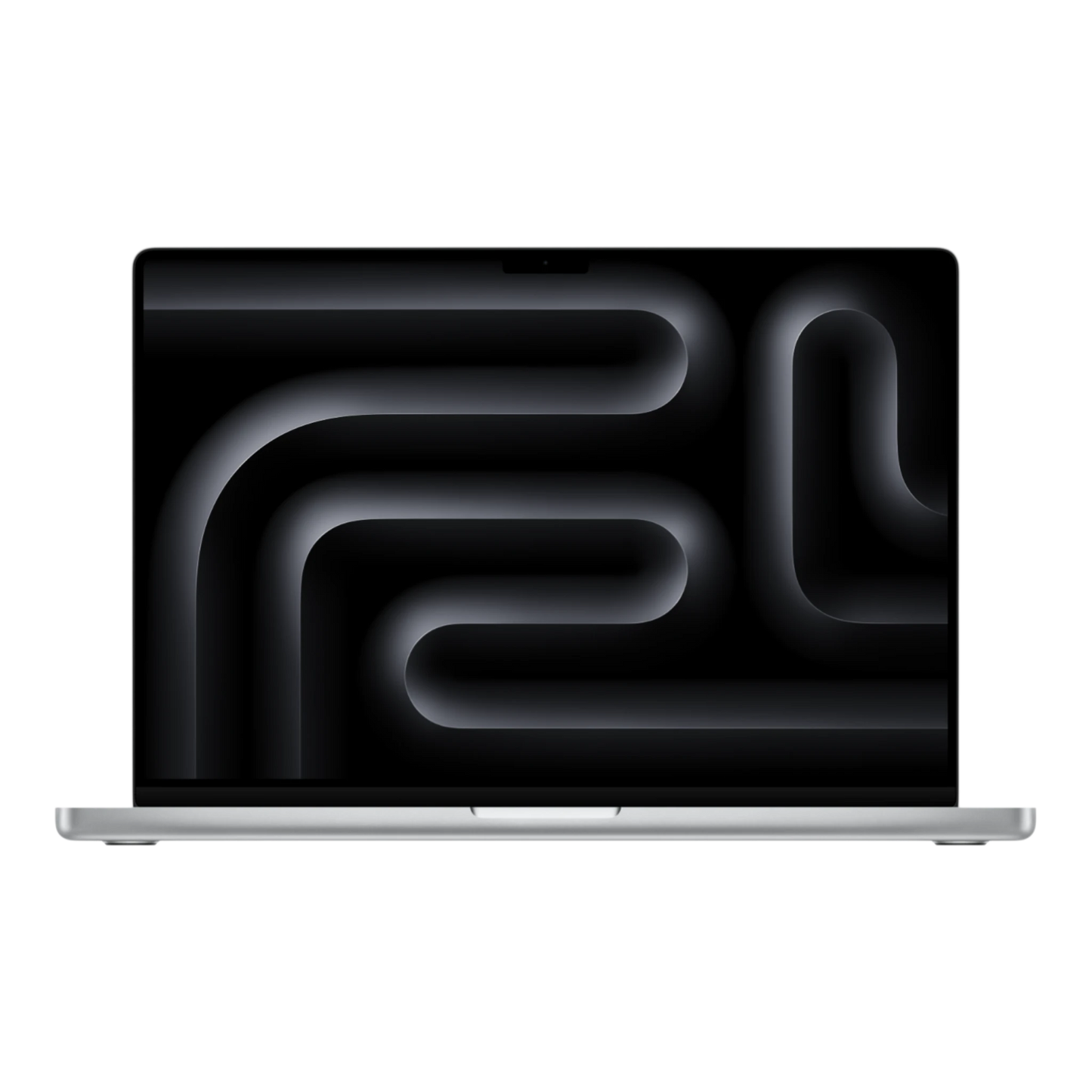 16-inch MacBook Pro in silver with a sleek, abstract dark background on its display.