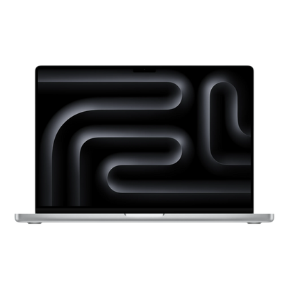 16-inch MacBook Pro in silver with a sleek, abstract dark background on its display.