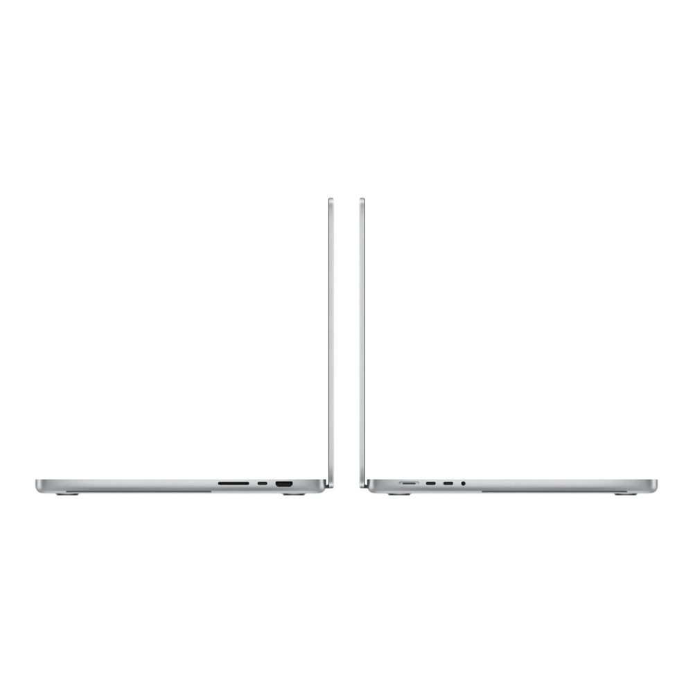 Two Apple MacBook Pro 16-inch laptops in silver, shown at a 90-degree angle, highlighting their sleek design.