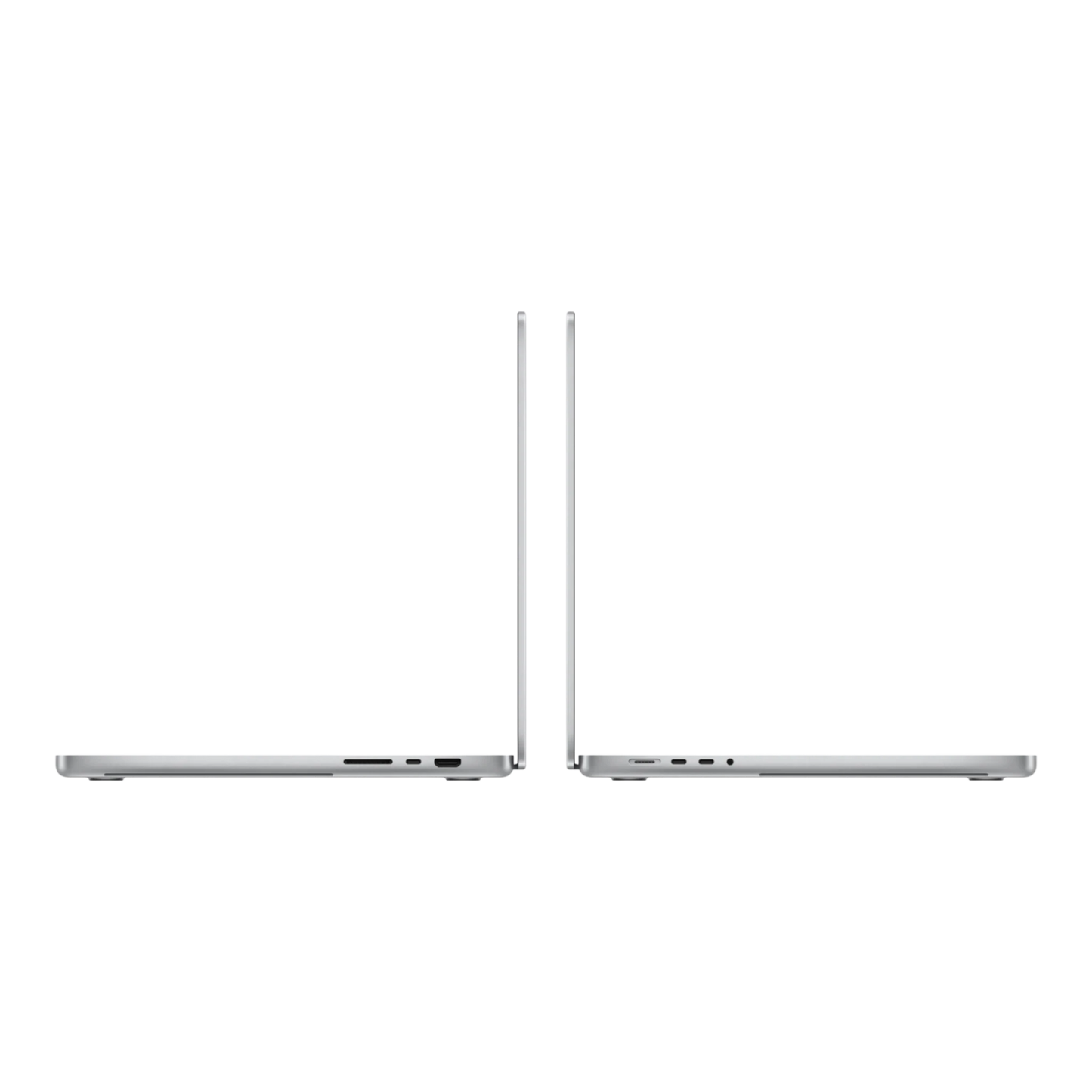 Two Apple MacBook Pro 16-inch laptops in silver, shown at a 90-degree angle, highlighting their sleek design.