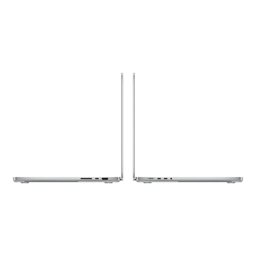 Two Apple MacBook Pro 16-inch laptops in silver, shown at a 90-degree angle, highlighting their sleek design.