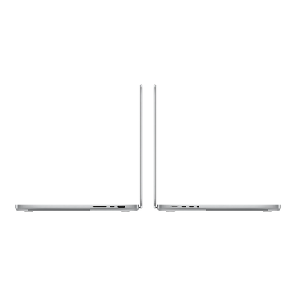 Two Apple MacBook Pro 16-inch laptops in silver, shown at a 90-degree angle, highlighting their sleek design.