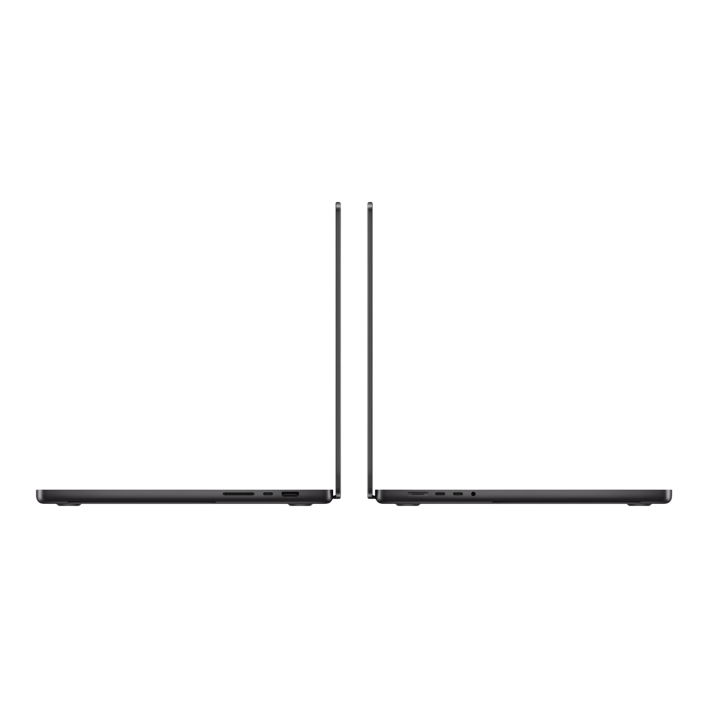 Two MacBook Pro M5 Max laptops in space black, viewed from the side, showcasing their sleek design and ports.