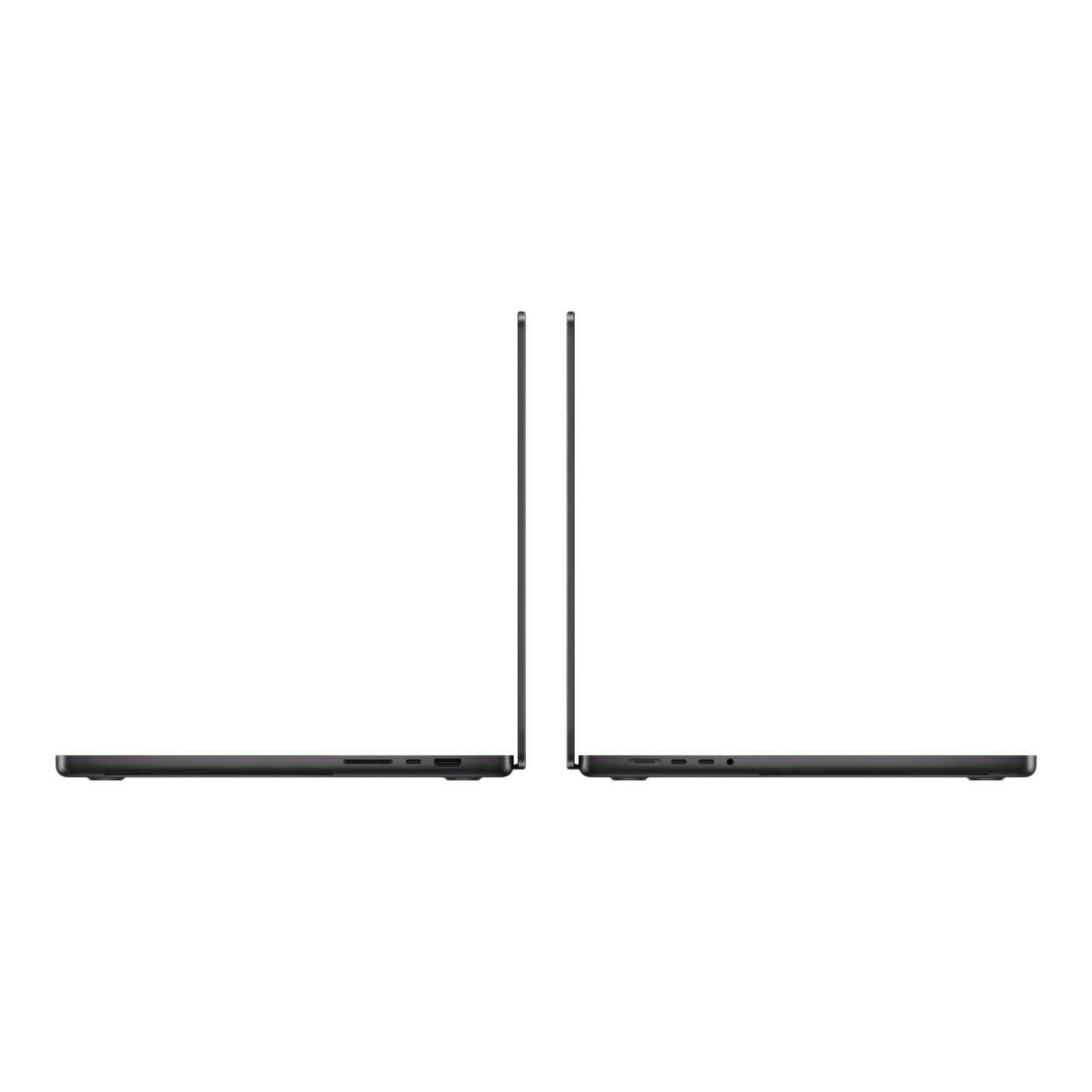 Two MacBook Pro M5 Max laptops in space black, viewed from the side, showcasing their sleek design and ports.