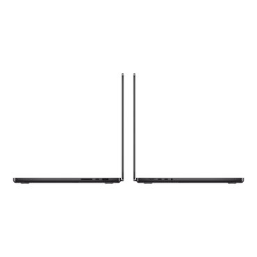 Two MacBook Pro M5 Max laptops in space black, viewed from the side, showcasing their sleek design and ports.